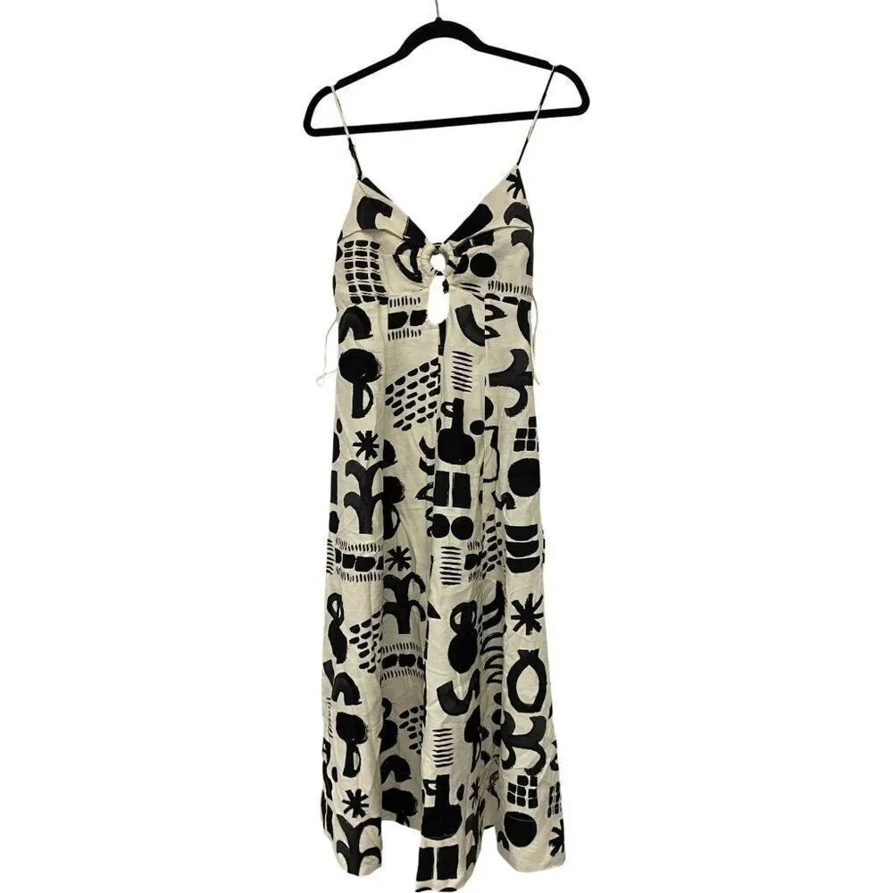 Zara Womens Printed Midi Dress Medium M White Black Thin Straps 3476/595 NWT